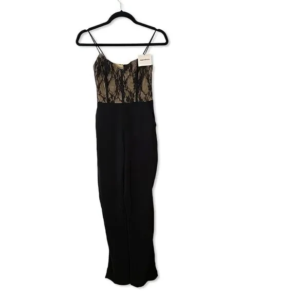 Superdown Revolve Bella Lace Jumpsuit illusion black nude bodice one piece XS